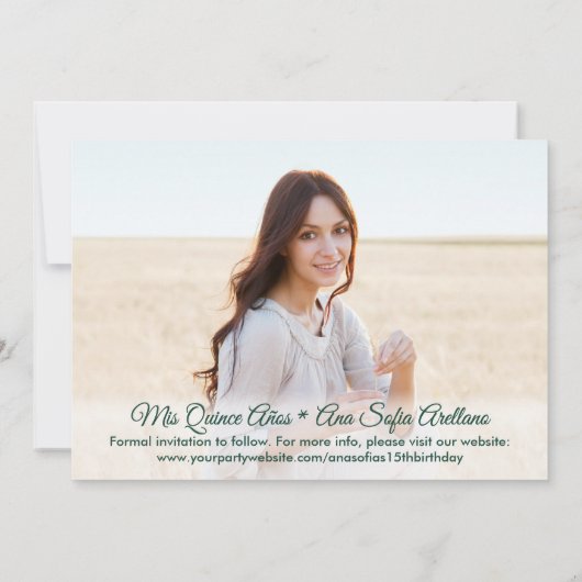 Dann & Jetzt Fotos Quinceañera Green & Gold Glitze Save The Date (Rückseite)