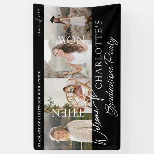 Dann & Jetzt Graduation Party Grad Fotos Willkomme Banner (Vertikal)