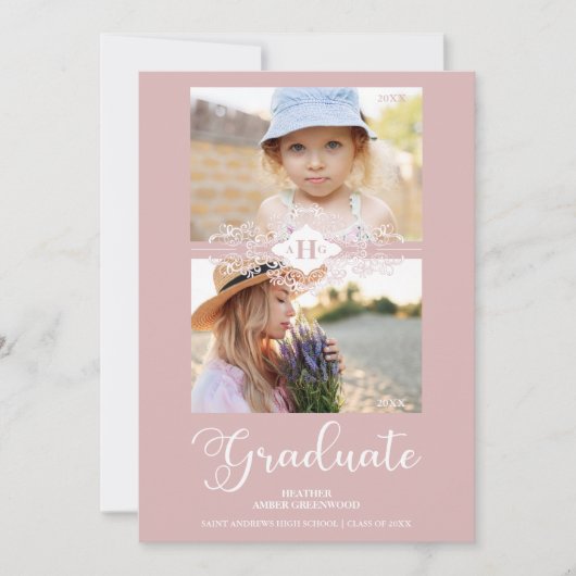 Dann & Jetzt Pink Lace Blühe Graduate Foto Einladung (Vorderseite)