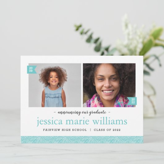 Dann und jetzt 2 Foto Graduation Party Einladung (Stehend Vorderseite)