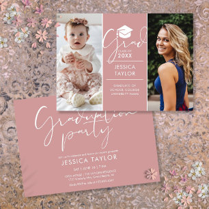 Dann und jetzt 2 Foto Pink Graduation Party Einladung