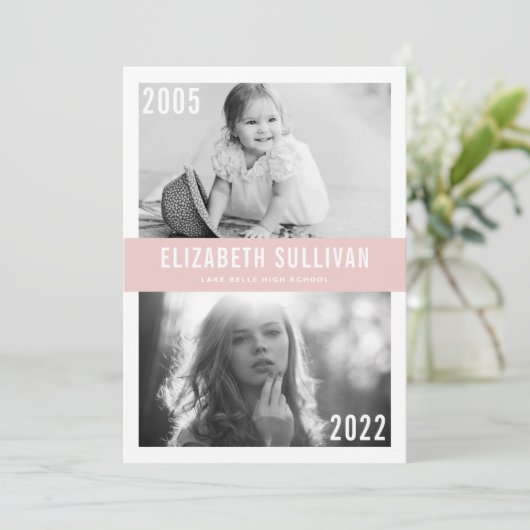 Dann und Jetzt blush Pink Class of 2022 Abschluss Ankündigung (Stehend Vorderseite)