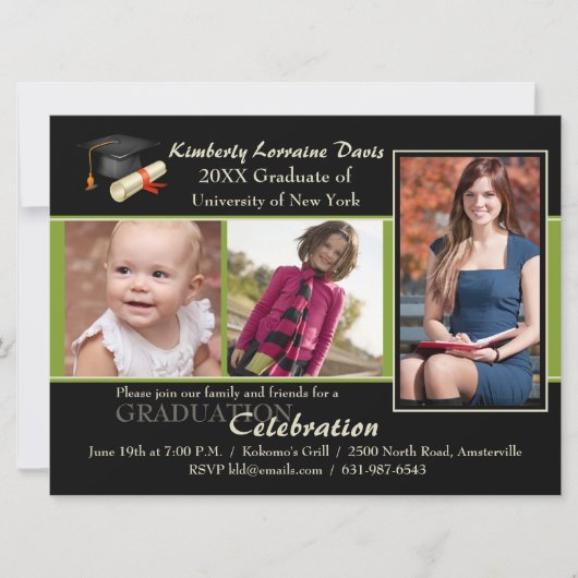 Dann und jetzt grüne Foto-Abschluss-Einladung Einladung (Vorderseite)