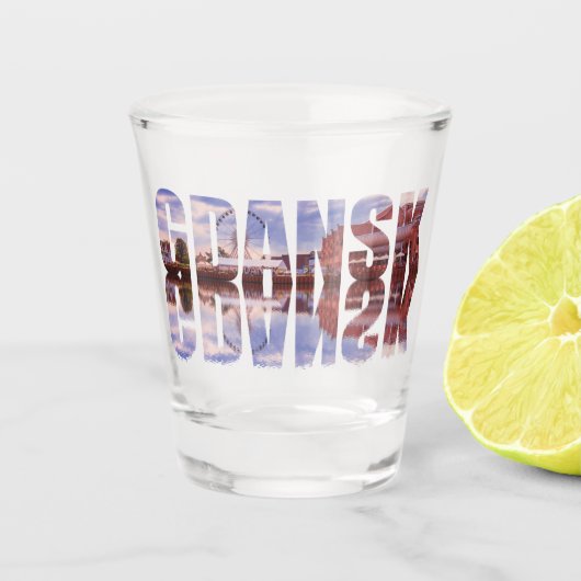 Danziger Text mit Blick auf die Altstadt, Reflexio Schnapsglas (Vorderseite)