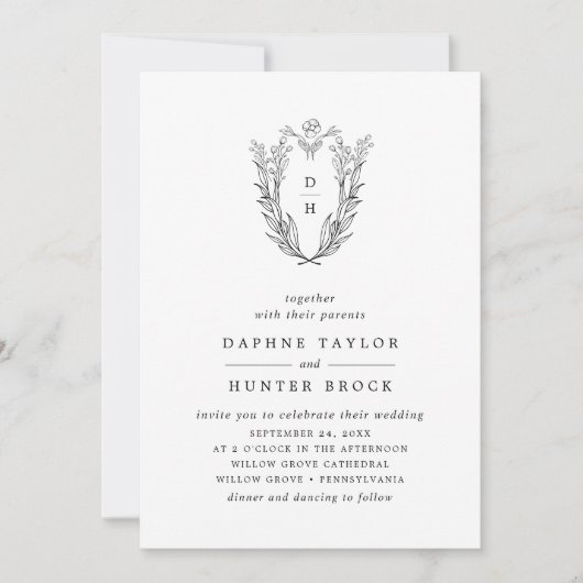 DAPHNE Classic Schwarz-weiß Floral Foto Wedding Einladung (Vorderseite)