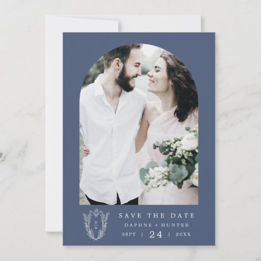 DAPHNE Dark Blue White Botanical Modern Wedding Save The Date (Vorderseite)
