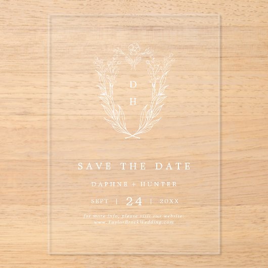 DAPHNE Floral Monogram White Wedding Save the Date Acryleinladungen (Vorderseite)