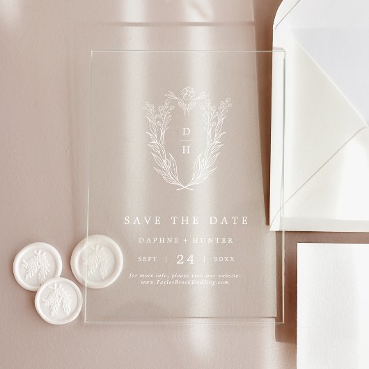 DAPHNE Floral Monogram White Wedding Save the Date Acryleinladungen