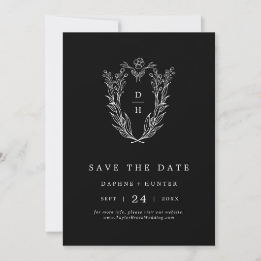DAPHNE Formal Dark Black Classic Floral Wedding Save The Date (Vorderseite)