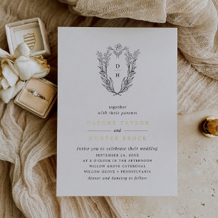 DAPHNE Schwarz Weiß Gold Monogramm Grünzeug Hochze Folieneinladung