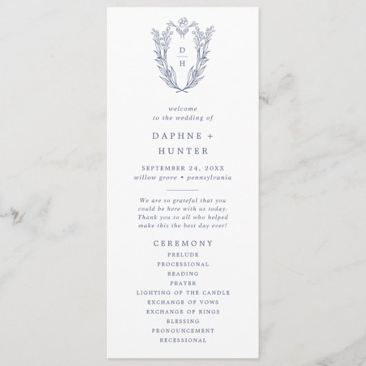 DAPHNE White Blue Modern Simple Elegante Wedding Programm (Vorderseite)