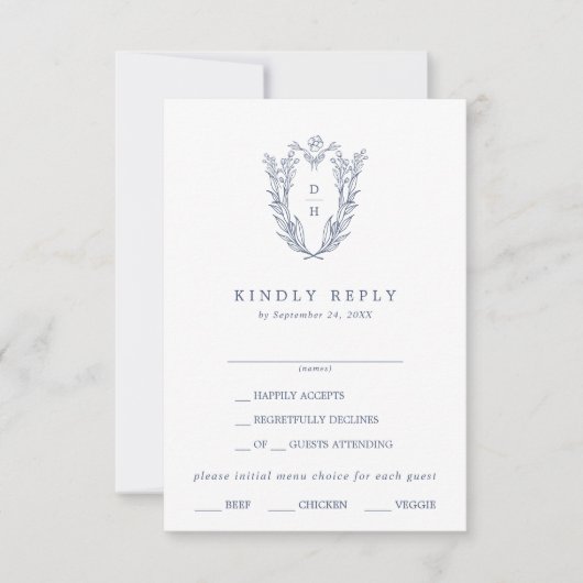DAPHNE White Blue Navy Elegant Wedding RSVP Card (Vorderseite)