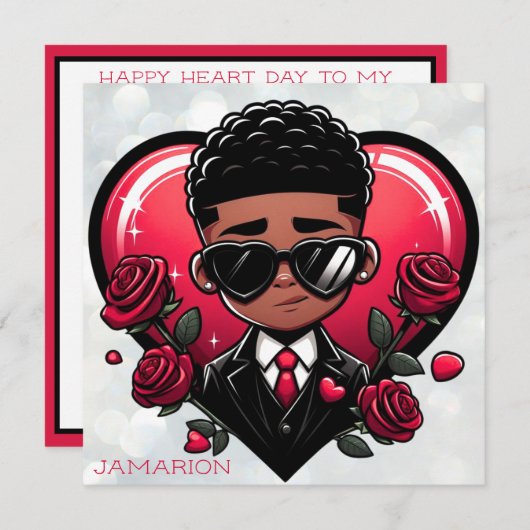 Dapper African American Boy Red Heart Valentine Karte (Vorne/Hinten)