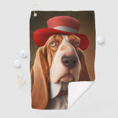 Dapper Basset Hound mit Red Hat Golfhandtuch (Insitu)