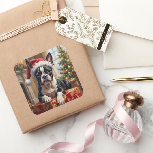 Dapper Boston Terrier Dog Christmas Gift Quadratischer Aufkleber (Schenken)
