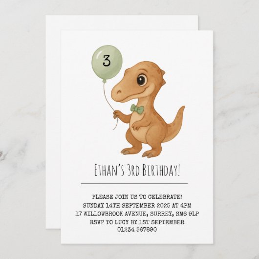 Dapper Brown Dino with Green Bow Tie Birthday Einladung (Vorne/Hinten)