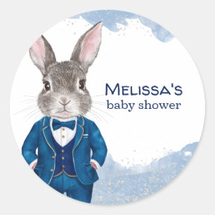 Dapper Bunny in einem Blue Anzug Boy Baby Dusche Runder Aufkleber