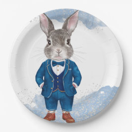 Dapper Bunny in einem Blue Anzug Boy und Bowtie Bi Pappteller