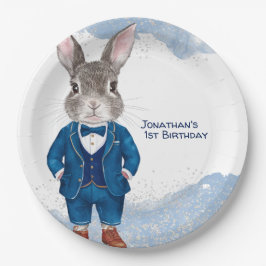 Dapper Bunny in einem Blue Anzug Boy und Bowtie Bi Pappteller