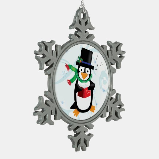 Dapper Caroling Pinguin Schneeflocken Zinn-Ornament (Links)