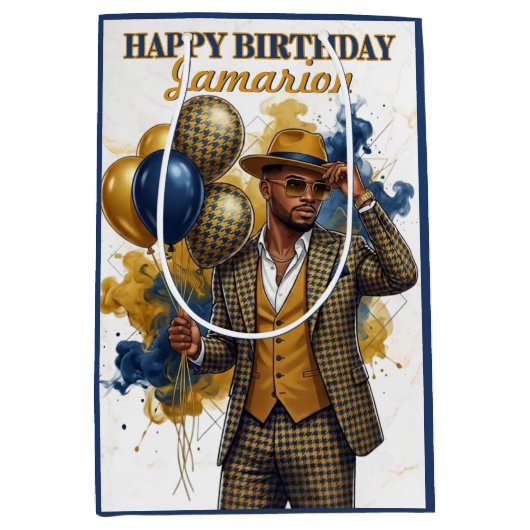 Dapper Gentleman Mustard and Navy Birthday Mittlere Geschenktüte (Vorderseite)