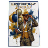 Dapper Gentleman Mustard and Navy Birthday Mittlere Geschenktüte (Rückseite)