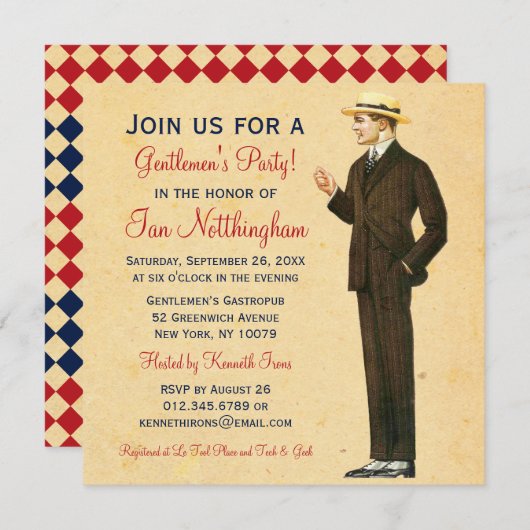 Dapper Gentlemen's Party Einladungen (Vorne/Hinten)