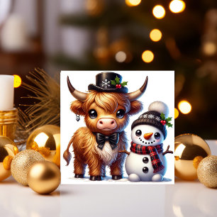 Dapper Highland Cow mit Snowman Friend Feiertagskarte