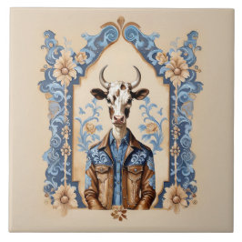 Dapper Old Wild West Cowboy Funny Cow Art Fliese