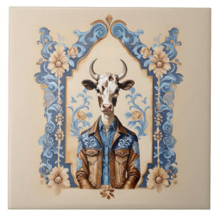 Dapper Old Wild West Cowboy Funny Cow Art Fliese
