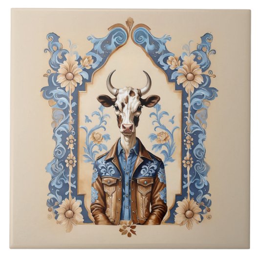 Dapper Old Wild West Cowboy Funny Cow Art Fliese (Vorderseite)