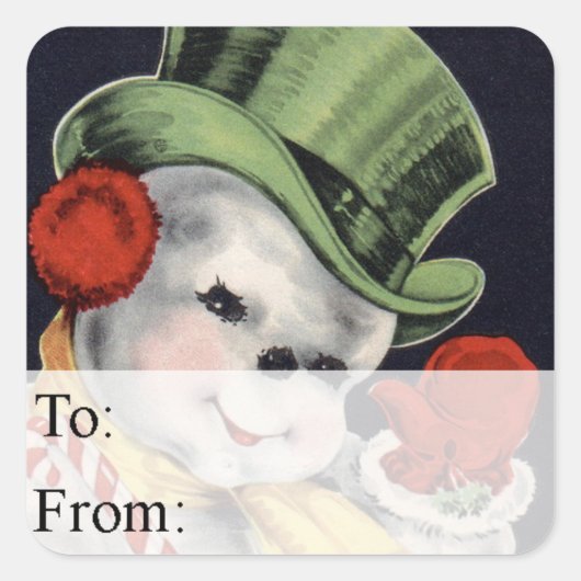 Dapper Snowman Vintage Weihnachtsgeschenk Tag Quadratischer Aufkleber (Vorderseite)