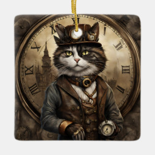 Dapper Steampunk Calico Cat Keramikornament
