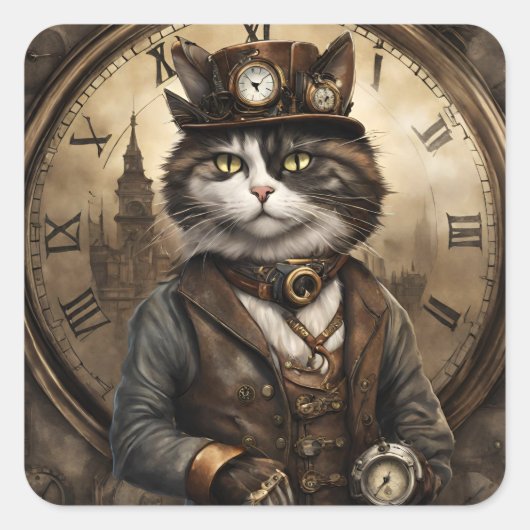 Dapper Steampunk Calico Cat Quadratischer Aufkleber (Vorderseite)