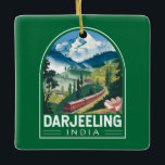 Darjeeling India Travel Art Emblem Keramikornament<br><div class="desc">Darjeeling retro Vektor Reise Design. Darjeeling ist eine Stadt im Bengalischen Staat im Westen Indiens,  in den Ausläufern des Himalaya. Es bleibt der Endpunkt der schmalspurigen Darjeeling Himalayan Railway. Bekannt für den unverwechselbaren schwarzen Tee,  der auf Plantagen an den umliegenden Hängen angebaut wurde.</div>
