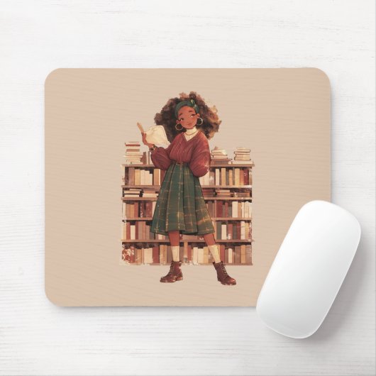 Dark Academia Black Girl Library Mousepad (Mit Mouse)