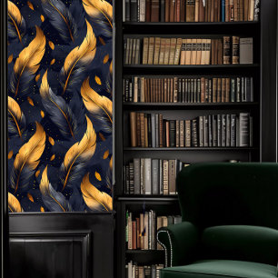 Dark Academia Blue and Gold Feathers Tapete