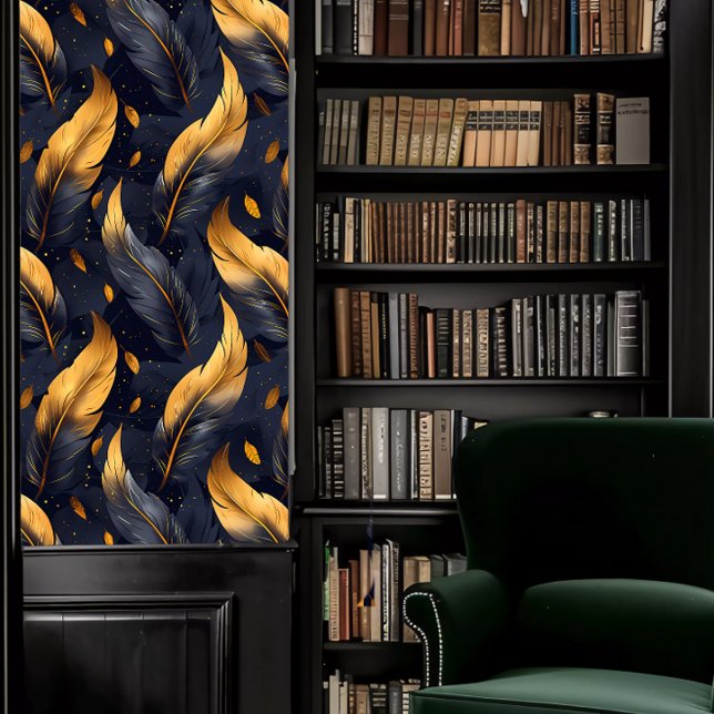 Dark Academia Blue and Gold Feathers Tapete (Dark Academia Blue and Gold Feathers Wallpaper in a library.)