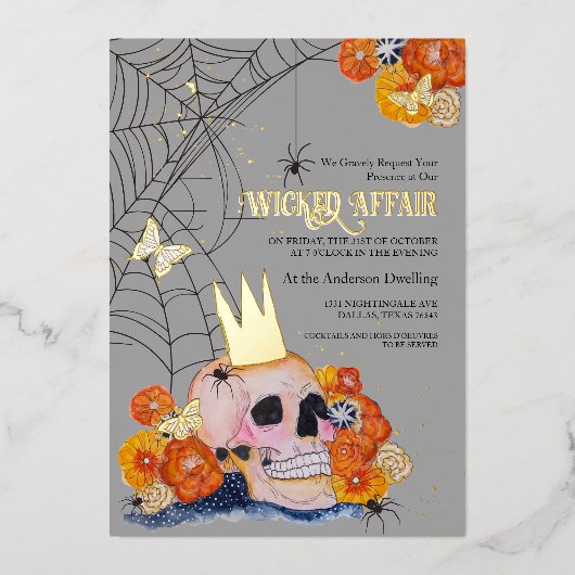 Dark Academia Blumengestein Skull Crown Spions Folieneinladung (Vorderseite)