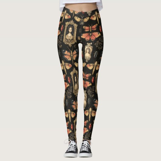 Dark Academia Goth Victorian Gothic Cameo Red Moth Leggings (Vorderseite)