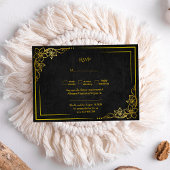 Dark Academia Gothic Black Gold Elegant Wedding RSVP Karte