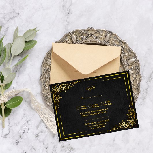 Dark Academia Gothic Black Gold Elegant Wedding RSVP Karte