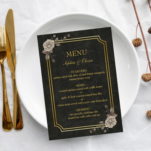 Dark Academia Gothic Elegant Wedding Menu Menükarte