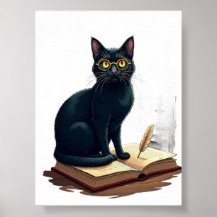 Dark Academia Katze Lesebrille Vintage Bibliothek Poster