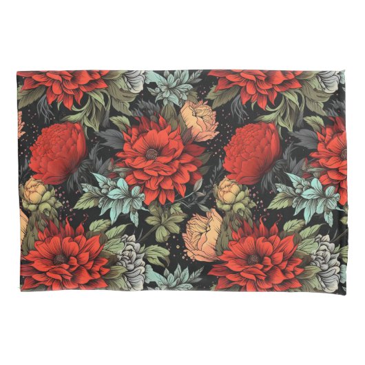 Dark Academia Maximalist Red Dahlia Floral  Kissenbezug (Vorderseite)