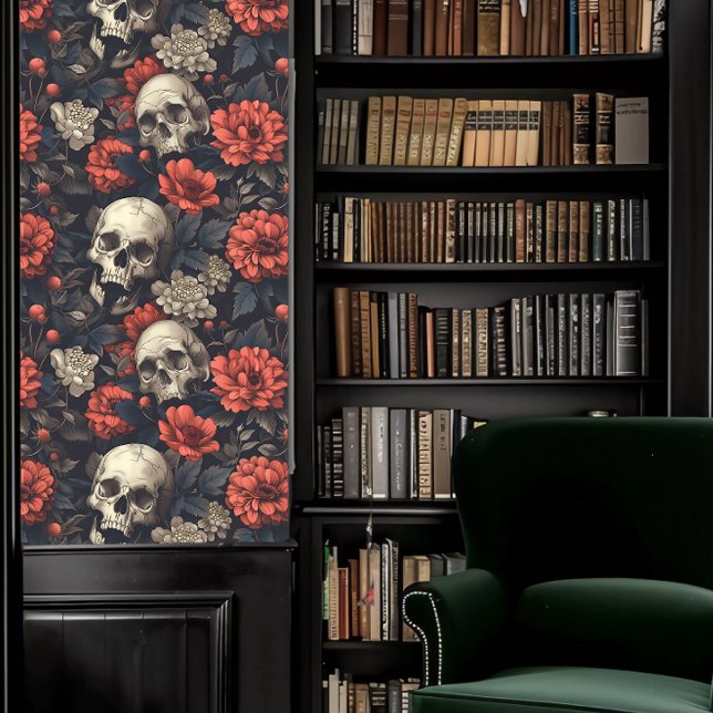 Dark Academia Skulls mit Burgund-Blume Tapete (Dark Academia Skulls with Burgundy Flowers Wallpaper in a library.)