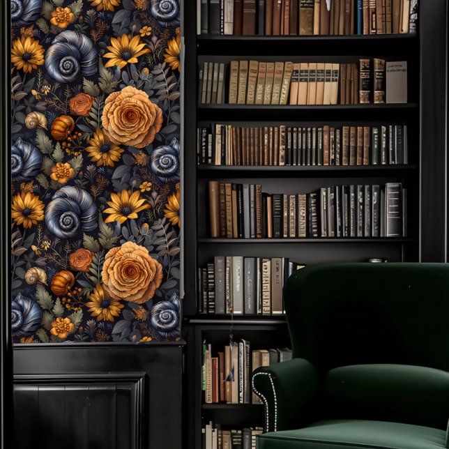 Dark Academia Snails mit Blue & Peach Blume Tapete (Dark Academia Snails with Blue & Peach Flowers Wallpaper in a library.)
