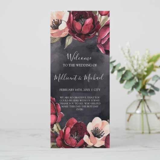 DARK AESTHETIC FLORAL RED & BLACK WEDDING PROGRAMM (Stehend Vorderseite)