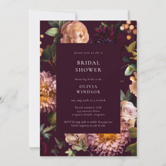 Dark and Moody Burgundy Floral Bridal Shower Einladung (Vorderseite)