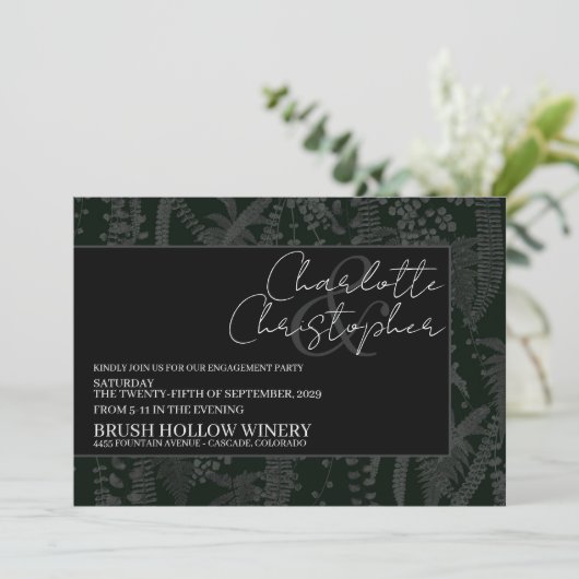 Dark and Moody Ferns Engagement Party Einladung (Stehend Vorderseite)